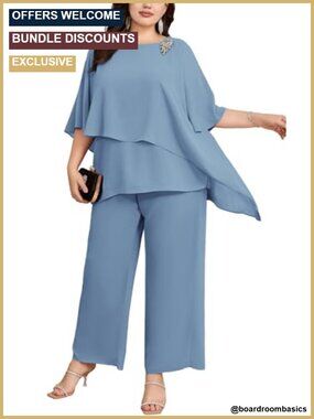 Plus Size Mother of Bride Pant Suit 2 Piece Chiffon Set Ruffle Layers Wedding